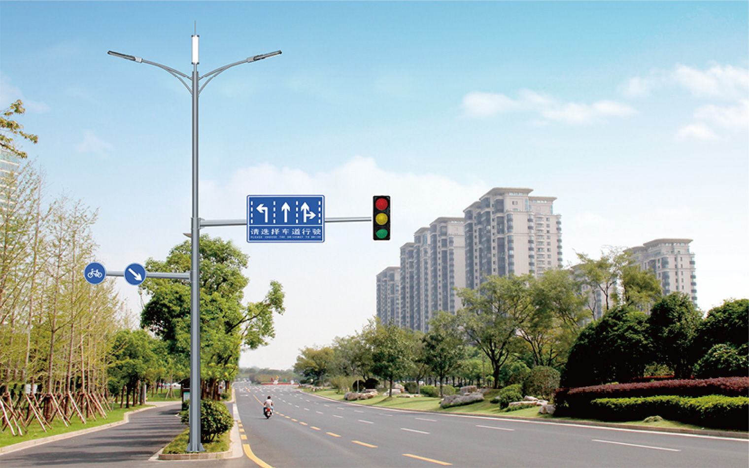 Dual arm smart traffic pole with LED lighting road sign and traffic signal Dual arm smart traffic pole with LED lighting road sign and traffic signal