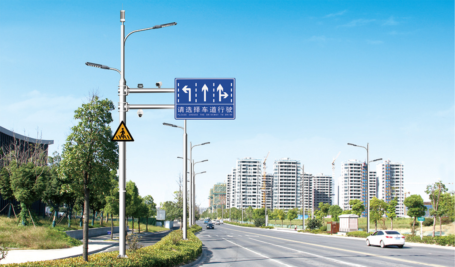 Smart road guidance pole with LED lighting directional sign CCTV and pedestrian warning sign Smart road guidance pole with LED lighting directional sign CCTV and pedestrian warning sign