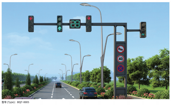 Integrated traffic light pole with countdown display and road signs Integrated traffic light pole with countdown display and road signs