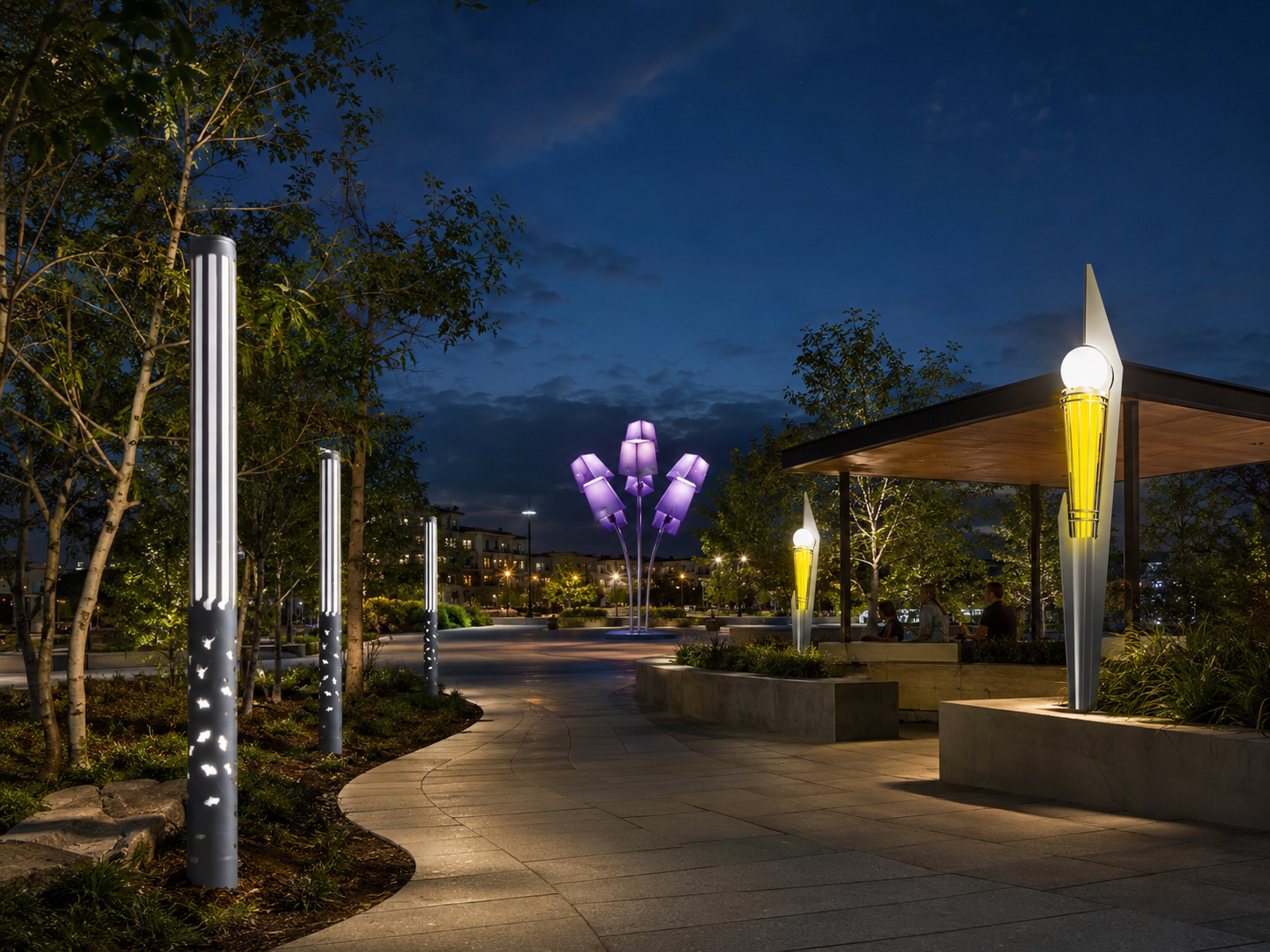 Layered landscape lighting with pathway architectural and accent illumination Layered landscape lighting with pathway architectural and accent illumination