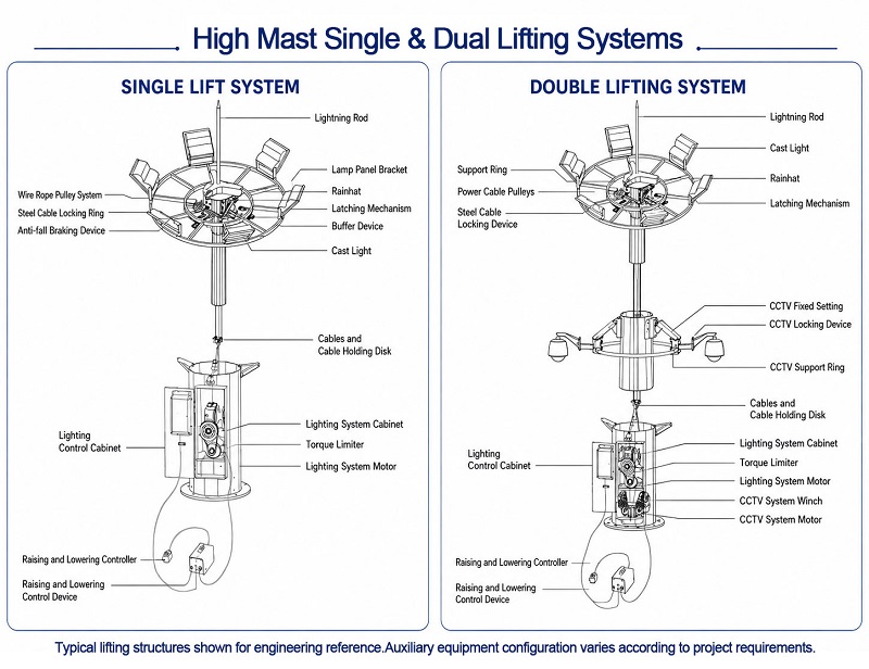 Single and dual lifting systems for high mast lighting and auxiliary equipment Single and dual lifting systems for high mast lighting and auxiliary equipment