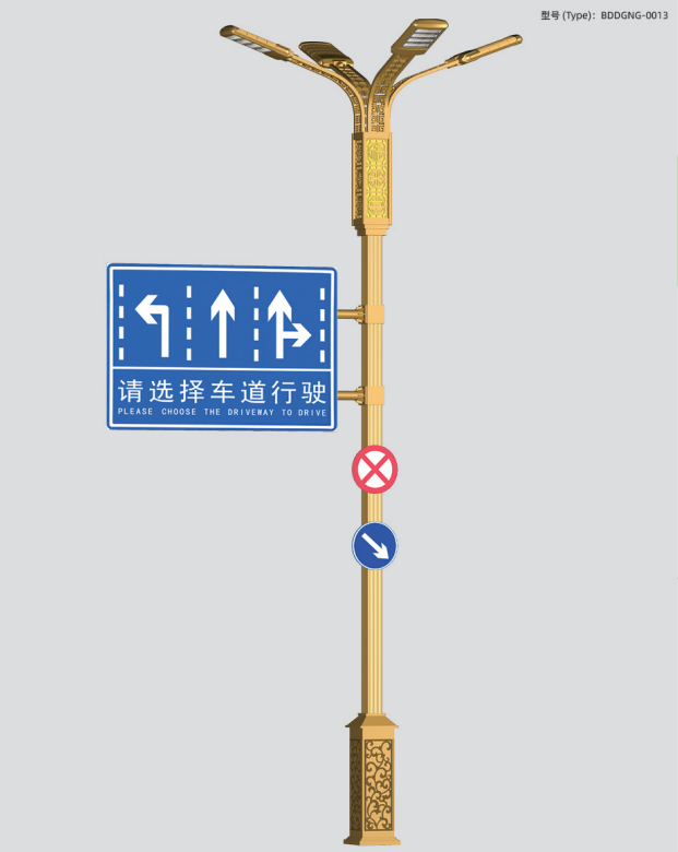 Decorative traffic sign light pole with LED roadway lighting and directional signs Decorative traffic sign light pole with LED roadway lighting and directional signs