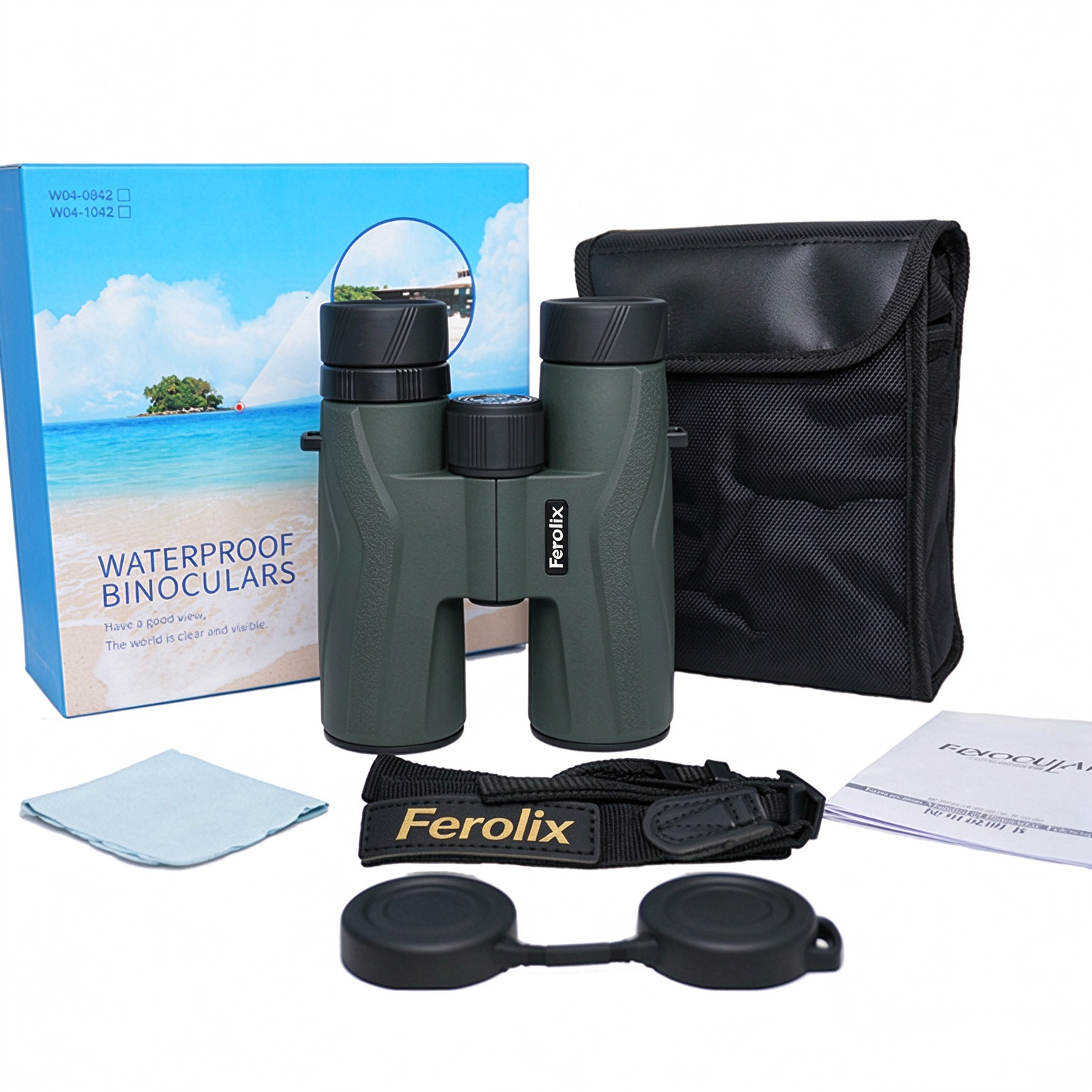 Ferolix JR04-0842 8x42 binocular product detail shot MC multi-coated optics Ferolix JR04-0842 8x42 binocular product detail shot MC multi-coated optics