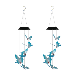 Solar powered wind chime seven color blue butterfly light