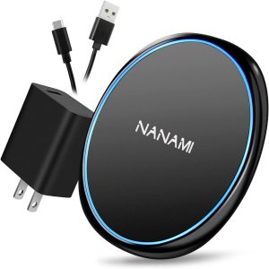 ACU6 black NANAMI Fast Wireless Charger, 7.5W Qi Certified Charging Pad with QC3.0 Adapter USB Charger for iPhone 14/13/13 pro/12/11/XS Max/XR/X/8 Plus/Airpods 2,10W Compatible Samsung S21 S20 S10 S9/Note 20