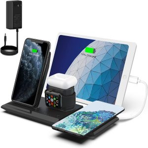 HM001 black NANAMI Wireless Charger - 5 in 1 Fast Charging Station for Apple Watch SE/6/5/4/3/2/1,AirPods Pro/2, Compatible iPhone 14/13/12/11/XS Max/XR,Galaxy S22/S21,Extra USB-A Port for iPad(with 36W Adapter)