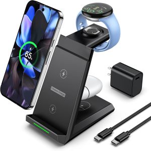 HM008B-NANAMI Wireless Charger for Google - 3 in 1 Wireless Charging Station Fast Charger Stand Dock for Pixel 9/9 Pro XL/Fold/8/7,Buds Pro 2/Pro, Watch 3/2,Fitbit Versa 4/Sense 2(Not for Pixel Watch 1/4)