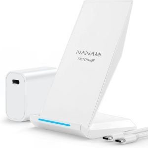 ACM220W-NANAMI Fast Wireless Charger, Charging Stand[with 20W PD Charger] 7.5W for iPhone 17/17 Pro/17 Pro Max/16/15/14/13/12, 10W Phone Charger Dock for Samsung Galaxy S26/S26+/S25/S25+/S25 ultra/S24/S23