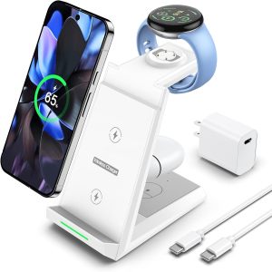 HM008W-NANAMI Wireless Charger for Google - 3 in 1 Wireless Charging Station Fast Charger Stand Dock for Pixel 9/9 Pro XL/Fold/8/7,Buds Pro 2/Pro, Watch 3/2,Fitbit Versa 4/Sense 2(Not for Pixel Watch 1/4)