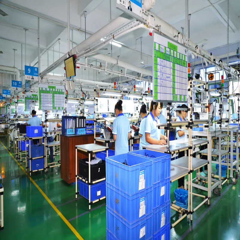 Organized cordset and harness assembly production line with visual management boards in the workshop