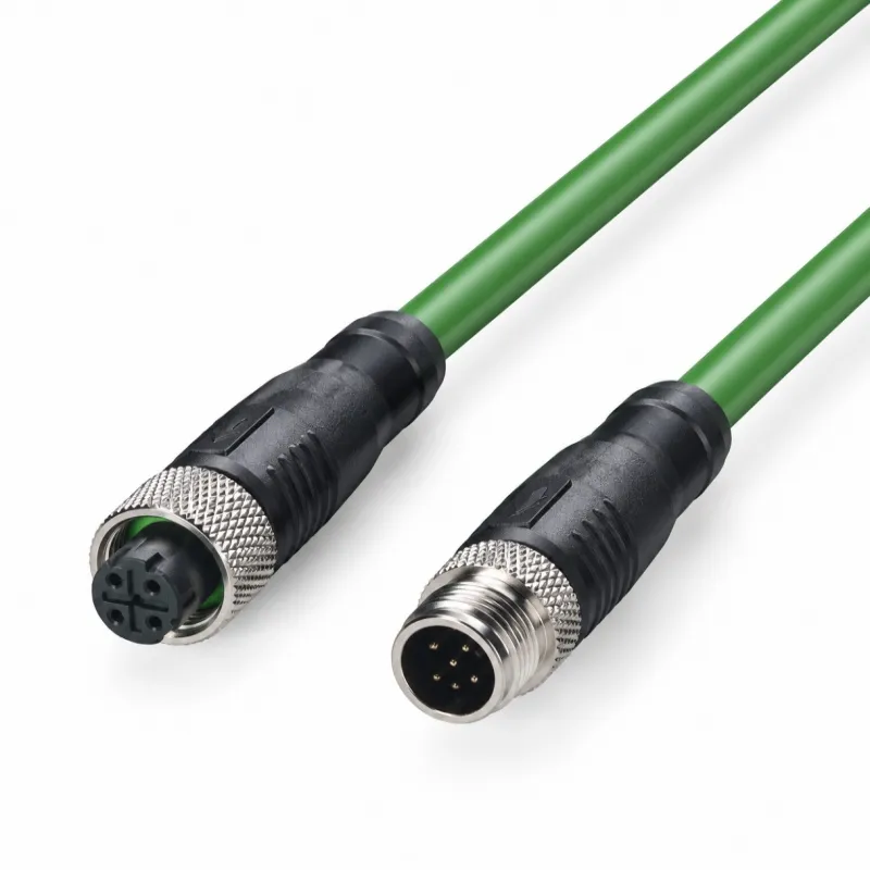 M12 D-Code shielded molded cable with male and female connectors on green PROFINET cable