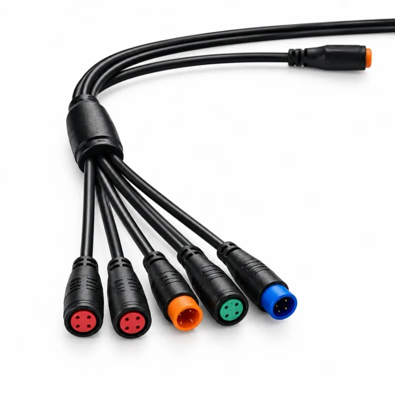 Multi-branch waterproof e-bike wiring harness with color-coded sealed connectors for motor, sensor and lighting circuits