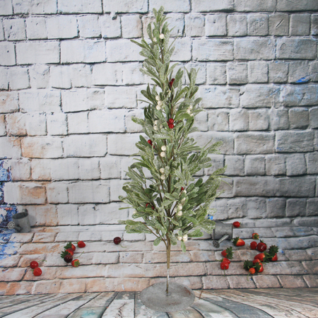 77Cm Artificial Decorative Olive Leaf Christmas Tree With  Red Berry, Iron Pedestal 