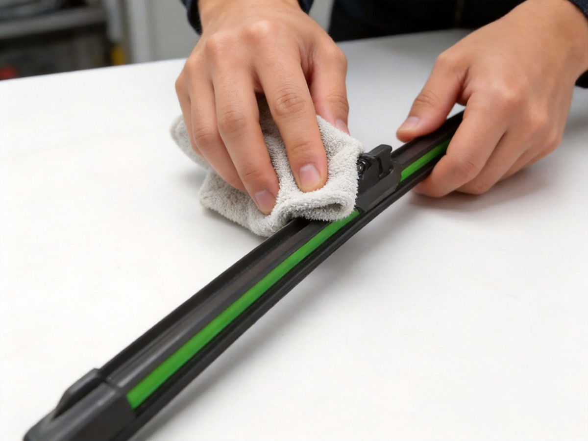Cleaning flat wiper blade rubber edge with a damp cloth for streak-free performance