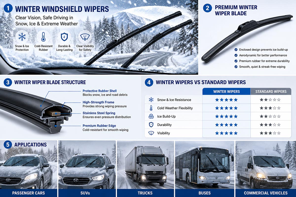 Winter windshield wipers clearing snow from a car windshield during heavy snowfall