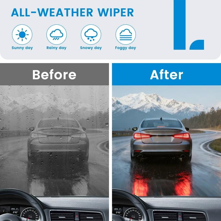 Silicone and rubber windshield wiper blades performing in rain snow and sunny driving conditions
