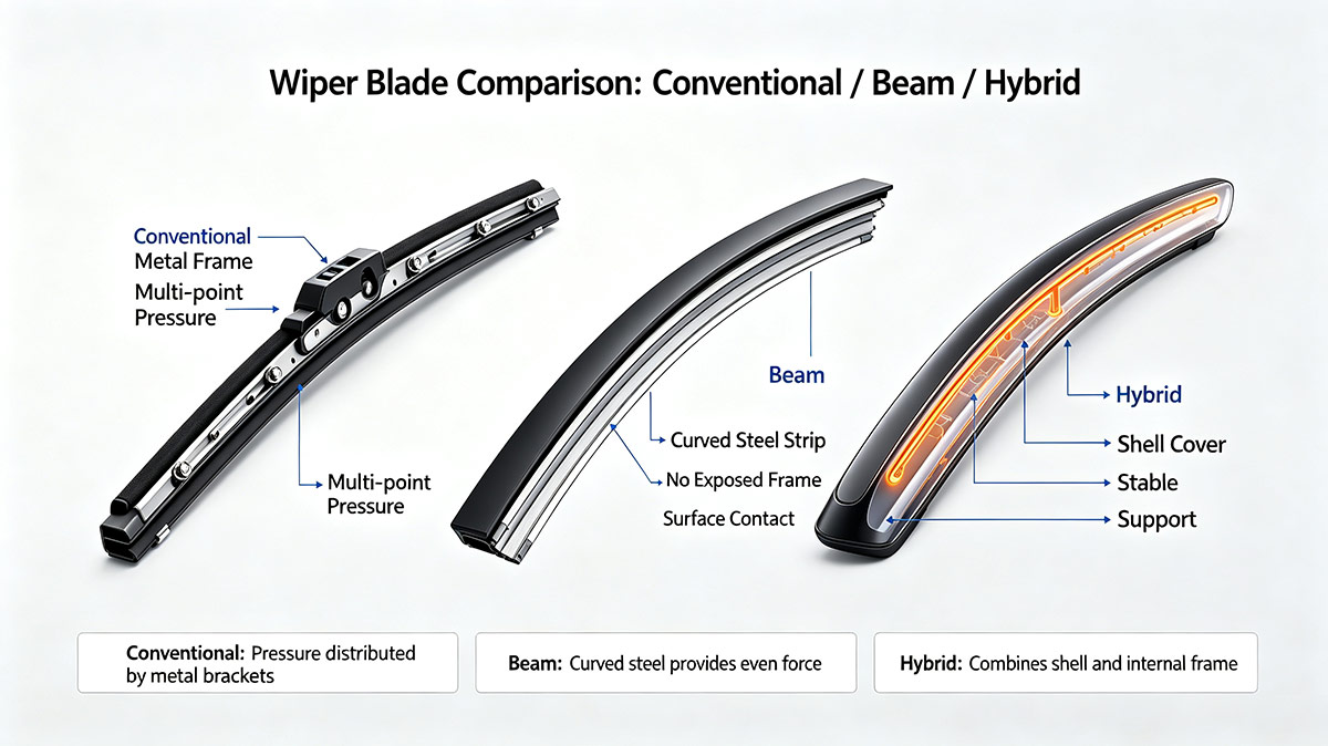 Comparison of conventional, beam, and hybrid wiper blade designs