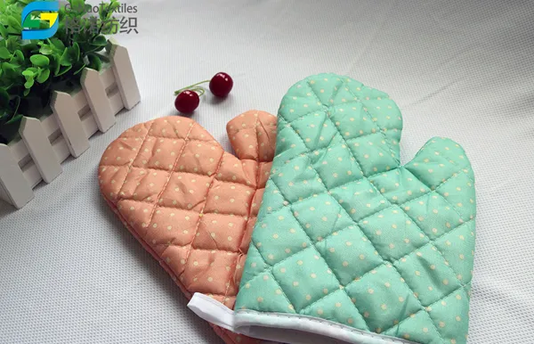 Pink, blue, and red microwave oven gloves