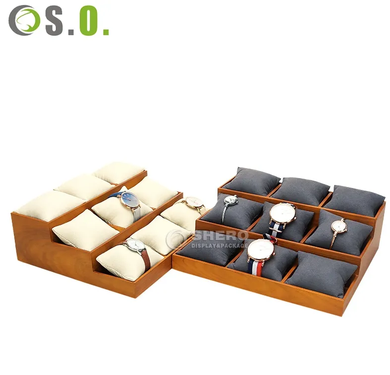 Manufacturer jewelry organizer Velvet display Tray for bracelet watch with pillow 9pcs wooden tray