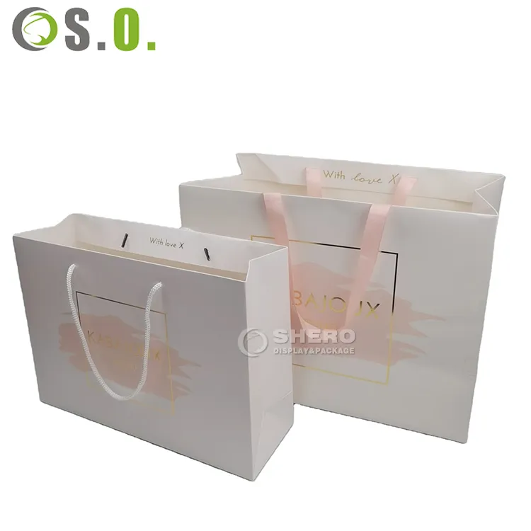 Custom Printed Biodegradable Gift White Shopping Bags With Handle Ribbon Packaging Kraft Paper Bag