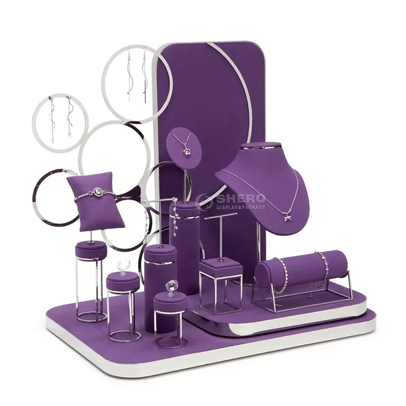 High End Microfiber Modern Display Stand Luxury Metal Jewelry Displays Sets