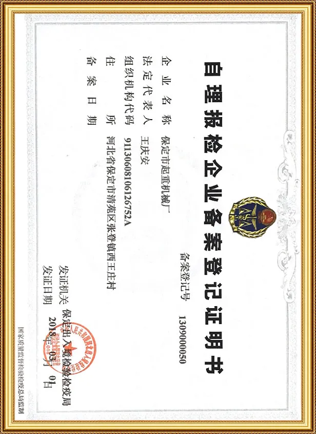 企业自检备案登记证书