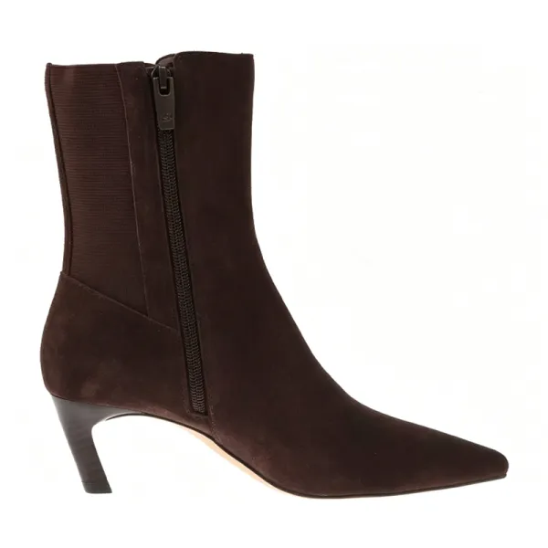 Dark Brown Suede Pointed Toe Kitten Heel Ankle Boots with Side Zipper
