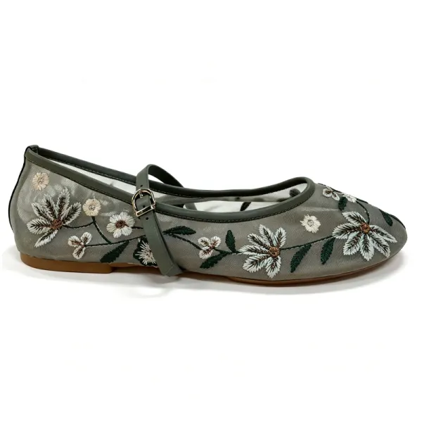 Sage Green Mesh Embroidered Floral Round Toe Ankle Strap Ballet Flats Mary Jane Shoes
