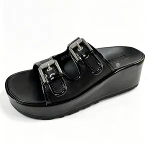  Black Patent Leather Double Buckle Platform Wedge Slides, Y2K Women's Sandals  >