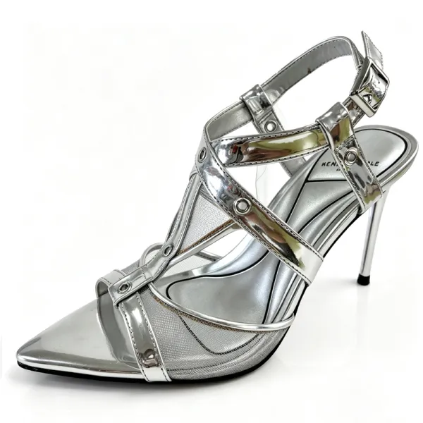 Women Silver Metallic Mesh T-Strap Pointed Toe Stiletto Ankle Strap Sandals