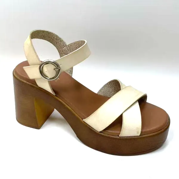 Women Off White Leather Cross Strap Wooden Look Block Heel Platform Sandals