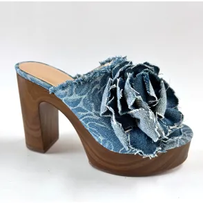 Blue Denim Flower Wooden Platform Mule Heels, Retro Women's Chunky Slides  >