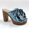 Blue Denim Flower Wooden Platform Mule Heels, Retro Women's Chunky Slides  >