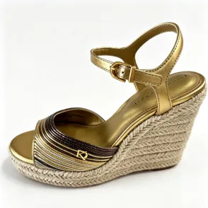 Gold Brown Striped Espadrille Wedge Sandals, Ankle Strap Women's Summer Heels