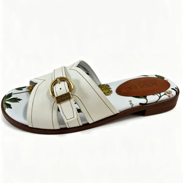 White Leather Buckle Flat Slide Sandals, Floral Footbed Women's Summer Slides