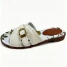 White Leather Buckle Flat Slide Sandals, Floral Footbed Women's Summer Slides