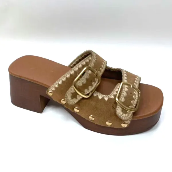 Women Tan Suede Double Buckle Wooden Platform Clogs Mules With Embroidery Trim