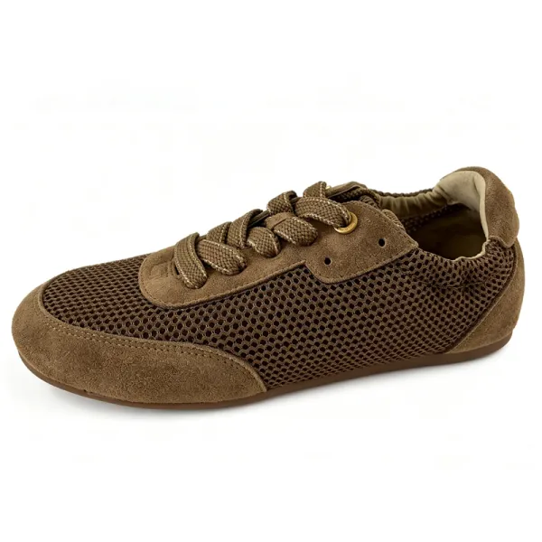 Women Brown Mesh & Suede Mix Retro Flat Casual Sneakers