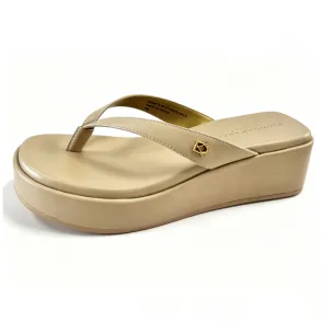 Nude Leather Platform Flip Flop Sandals, Wedge Slides Women's Comfort Summer Shoes