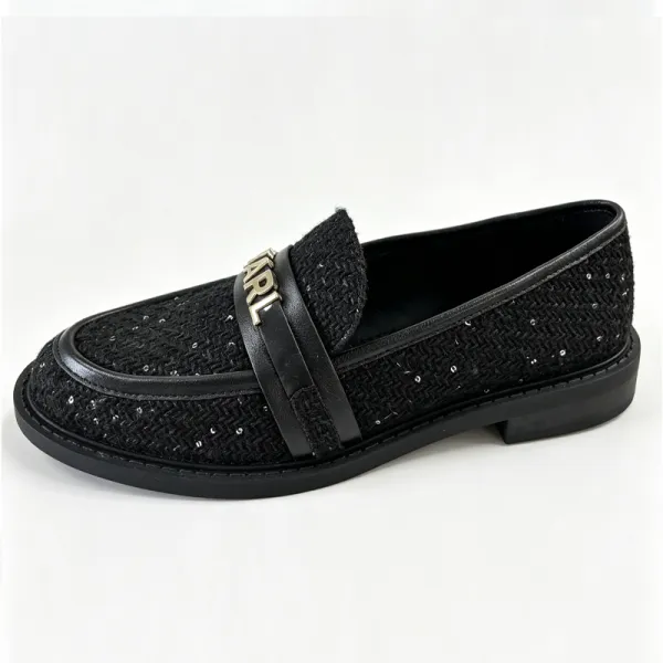 Women Black Tweed Sparkle Metal Logo Low Heel Loafers