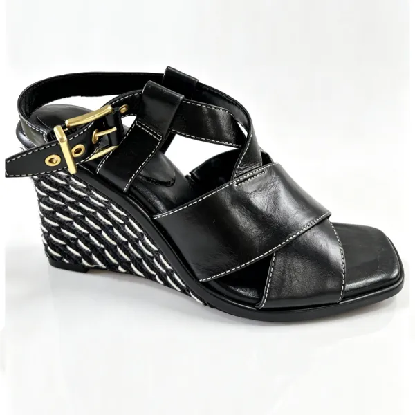Women Black Leather Cross Strap Two-Tone Woven Wedge Sandals with Square Toe