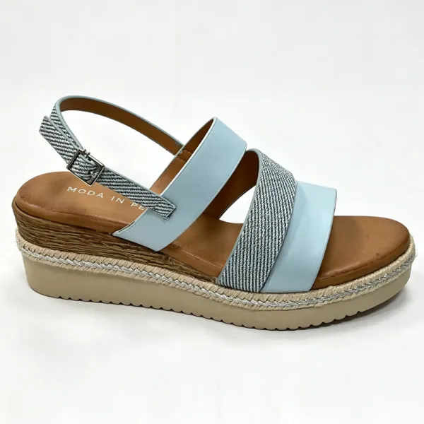 Women Light Blue Double Strap Wood Grain Low Wedge Espadrille Sandals