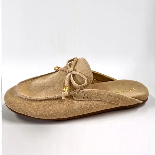 Nude Suede Bow Tie Mule Loafers, Gold Accent Women's Backless Flats
