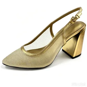 Gold Striped Mesh Slingback Pumps, Sculptural Block Heel Women's Evening Heels