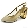 Gold Striped Mesh Slingback Pumps, Sculptural Block Heel Women's Evening Heels