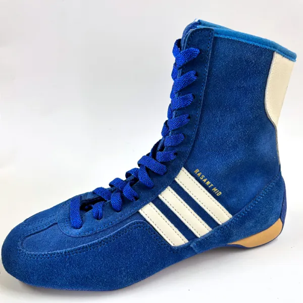Royal Blue Suede High-Top Wrestling Boots, Retro Three-Stripe Boxing Shoes