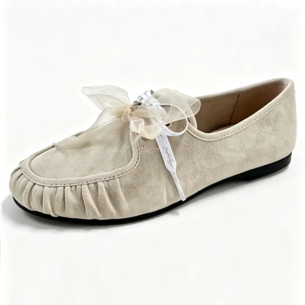 Women Beige Nubuck Gathered Toe Organza Bow Loafer Flats