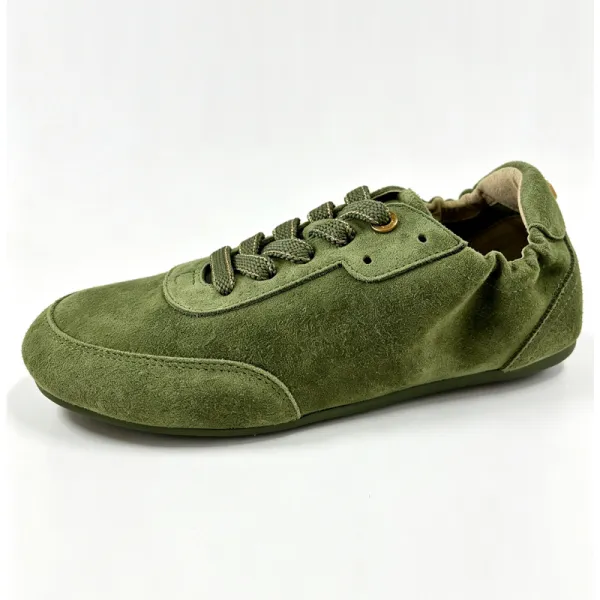 Women Olive Green Suede Retro Flat Sneakers with Ruched Heel