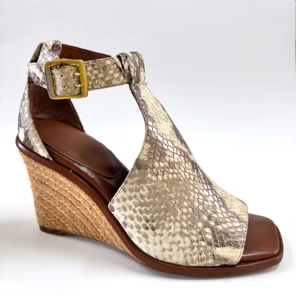 Women Snake Print Square Toe T-Strap Espadrille Wedge Sandals With Ankle Buckle