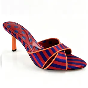 Red Blue Striped Cross Strap Mule Heels, Orange Heel Women's Retro Sandals
